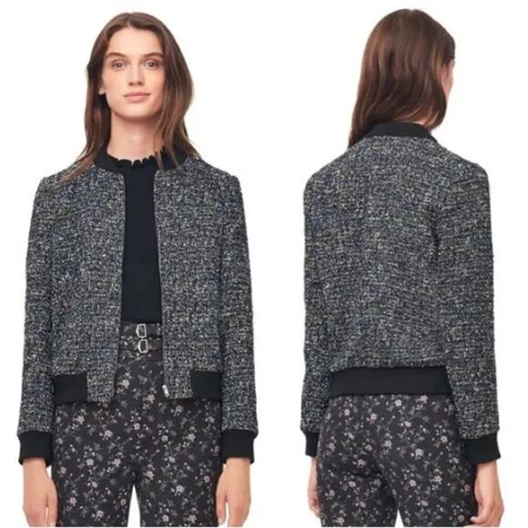 Rebecca Taylor multi tweed bomber jacket sz 4 short black cotton zip up textured - Picture 1 of 15